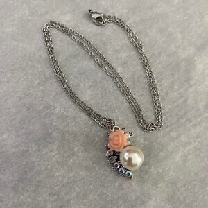 Pink and silver rose and faux pearl pendant necklace and glam
